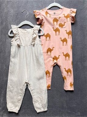 Lot of 2 Tea Collection Ruffle Shoulder Baby Romper, H&M Linen Jumpsuit 18 mo